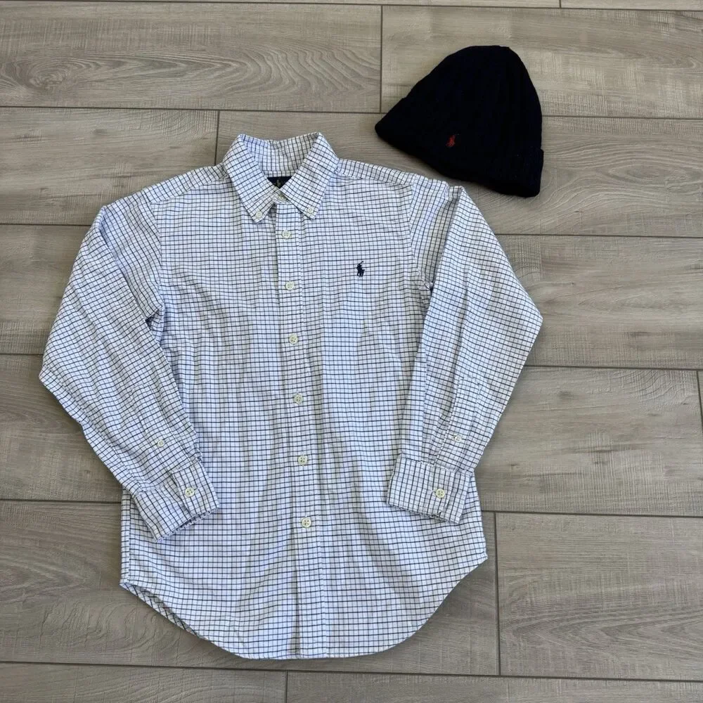 Ralph Lauren Kids Boys Plaid Long Sleeve Button Down Shirt Size 12 Blue White
